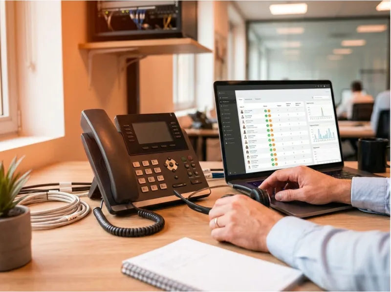 Administration d’un système 3CX en entreprise avec téléphone IP, casque, poste informatique et paramétrage des communications professionnelles par un intégrateur local